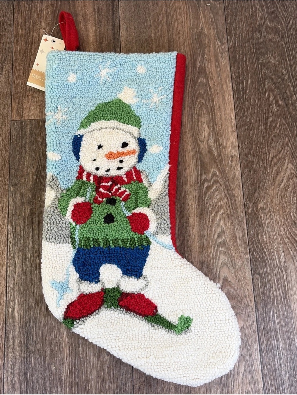 Macy's Holiday Lane Snowman on Ski's Skiing Hooked Wool Christmas Stocking 18.5"